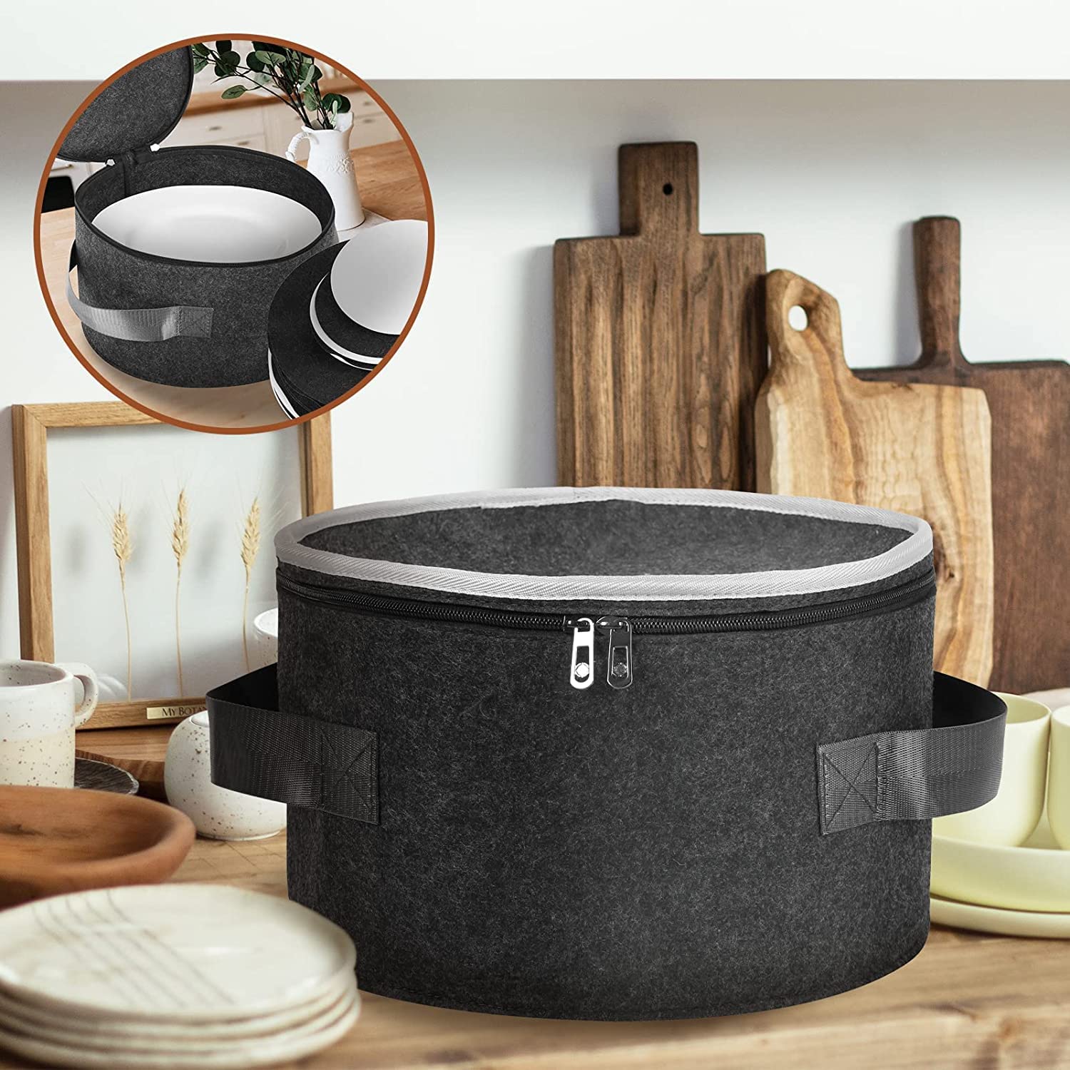 Greensheep Plate Storage Case With 12 Thick Felt Dividers For Storing And Organizing Dinnerware Dishes, Dark Grey